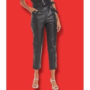Lucy Paris Belted Paper Bag Waist Black Faux Leather High Rise Womens Sz L Pant